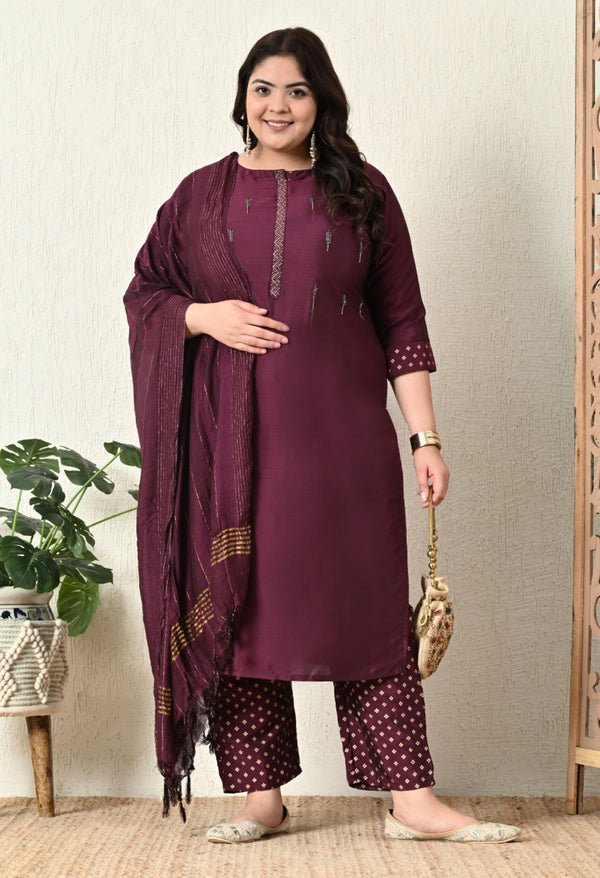 Plus Size Mystical Wine Embellished Zorba Kurta Set with Dupatta