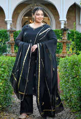 Zariya Black Mul Chanderi Embroidered 3-Piece Kurta Set with Dupatta