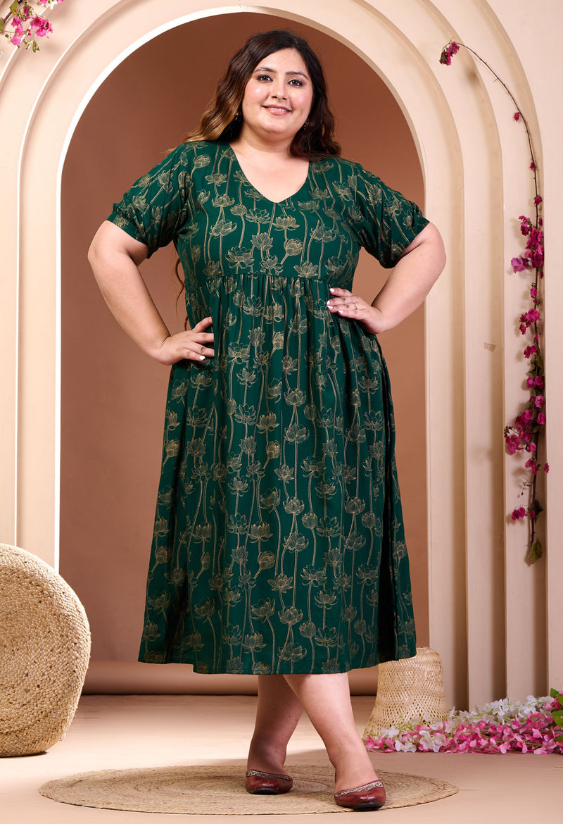 Plus Size Gold Printed Bottle Green Rayon Midi Dress