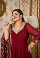 Gulnaaz Wine Maroon Georgette Anarkali Set with Jacquard Dupatta