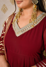 Gulnaaz Wine Maroon Georgette Anarkali Set with Jacquard Dupatta