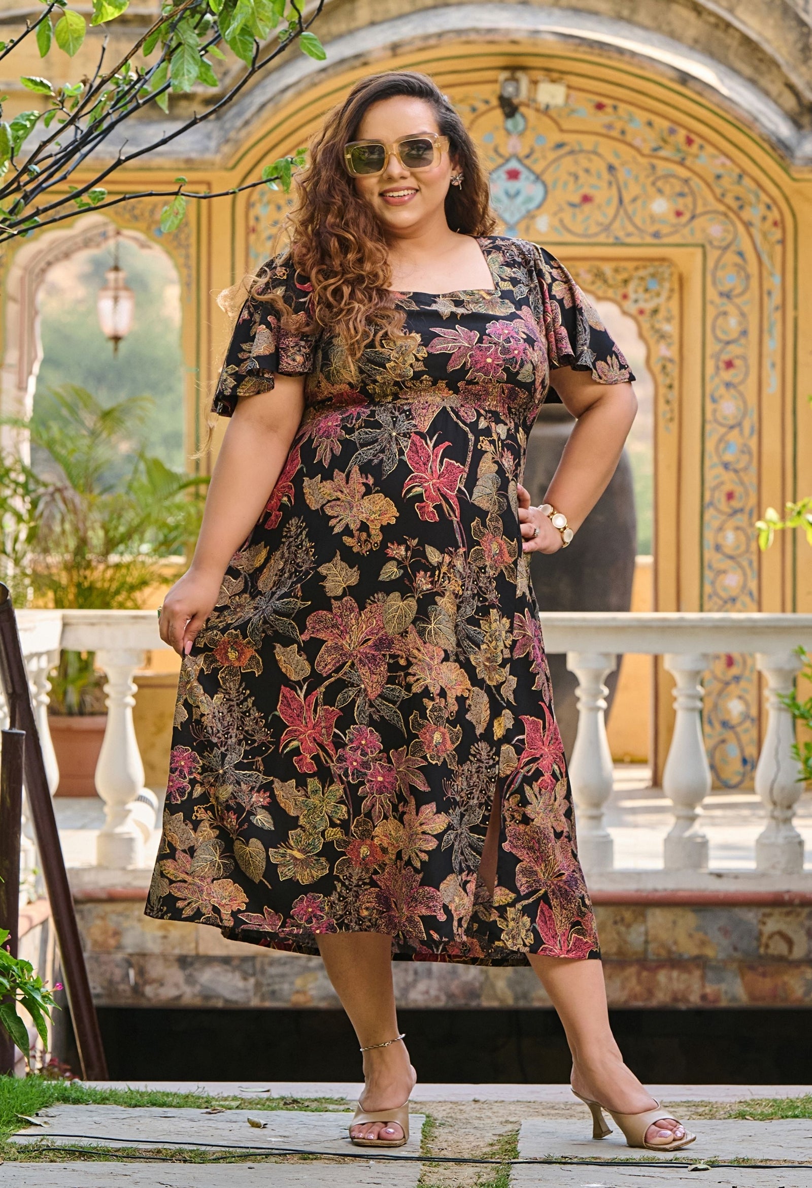 plus size dresses india Plus Size Black Floral Foil Printed Rayon Slit Dress – DESINOOR.COM