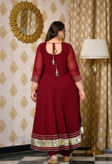 Gulnaaz Wine Maroon Georgette Anarkali Set with Jacquard Dupatta