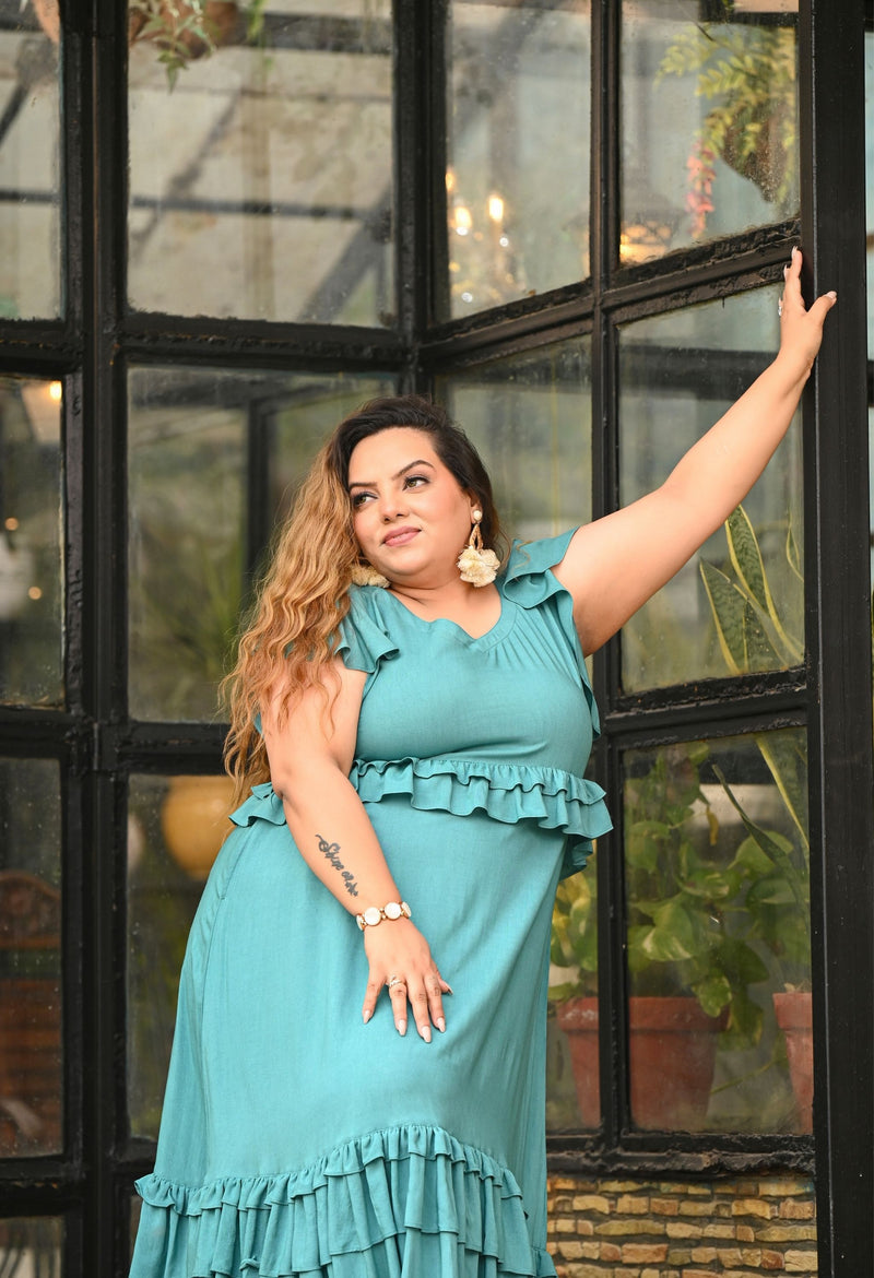 Plus Size Calm Sea Green Frill Dress – - Main Image