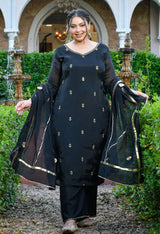 Zariya Black Mul Chanderi Embroidered 3-Piece Kurta Set with Dupatta