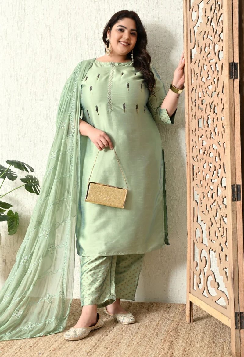 Plus Size Mystical Pista Green Embellished Zorba Kurta Set with Dupatta