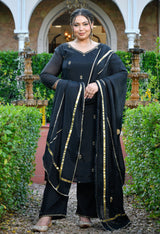 Zariya Black Mul Chanderi Embroidered 3-Piece Kurta Set with Dupatta