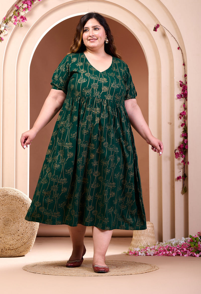 Plus Size Gold Printed Bottle Green Rayon Midi Dress