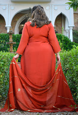 Zariya Rust Mul Chanderi Embroidered 3-Piece Kurta Set with Dupatta