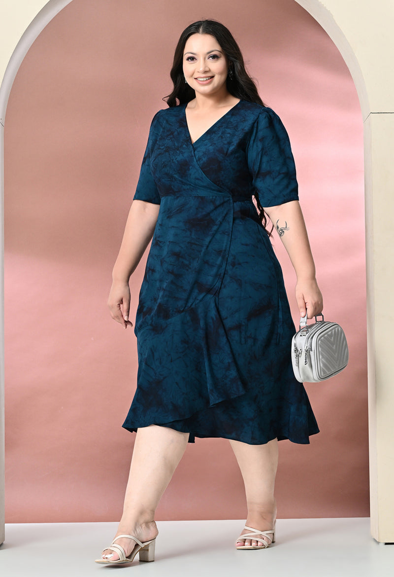 Plus Size Teal Blue Tye Dye Prism Wrap Dress - Main Image
