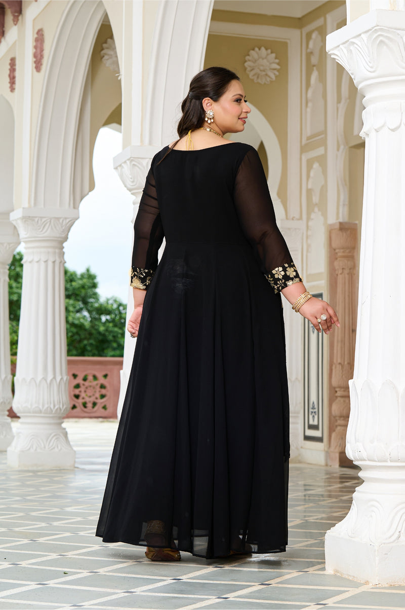 Plus Size Celestial Charm Black Embroidered Cape Anarkali