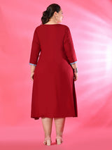 Plus Size Maroon Mirror Embroidered A line Dress