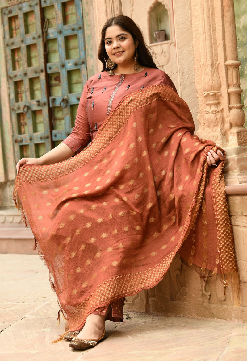 Plus Size Mystical Rust Embellished Zorba Kurta Set with Dupatta