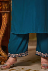 Elegant Teal Embroidered Rayon Kurta Pant Set