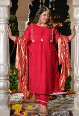 Gulrukh Crimson Rani Pink Mul Chanderi Kurta Set with Gold Printed Dupatta