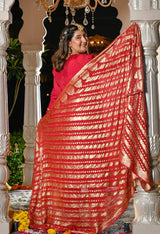 Gulrukh Crimson Rani Pink Mul Chanderi Kurta Set with Gold Printed Dupatta