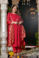 Gulrukh Crimson Rani Pink Mul Chanderi Kurta Set with Gold Printed Dupatta