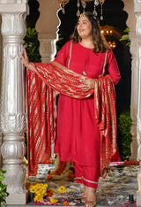 Gulrukh Crimson Rani Pink Mul Chanderi Kurta Set with Gold Printed Dupatta