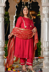 Gulrukh Crimson Rani Pink Mul Chanderi Kurta Set with Gold Printed Dupatta
