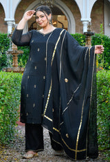 Zariya Black Mul Chanderi Embroidered 3-Piece Kurta Set with Dupatta