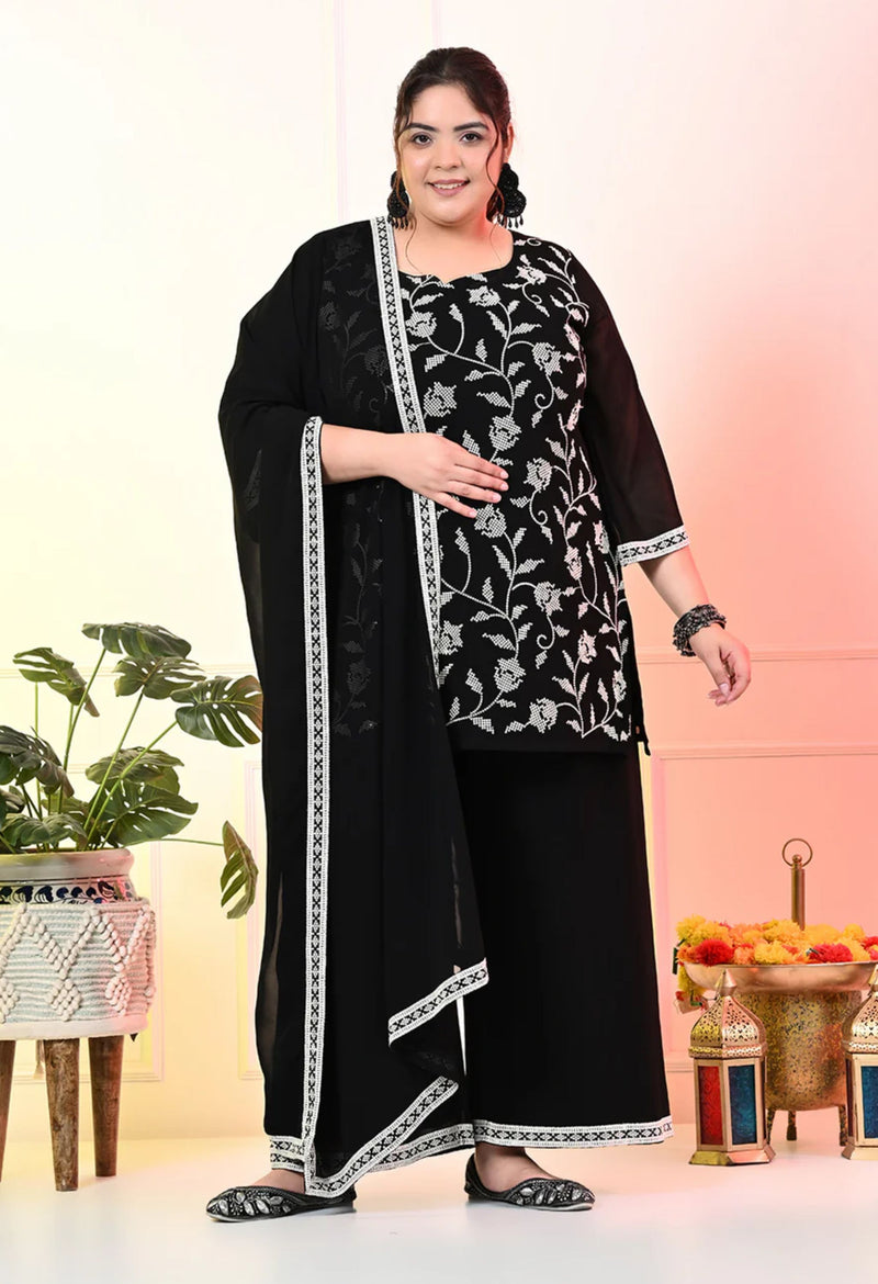 Plus Size Black Sequin Embroidered Kurta Set with Dupatta