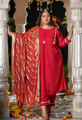 Gulrukh Crimson Rani Pink Mul Chanderi Kurta Set with Gold Printed Dupatta