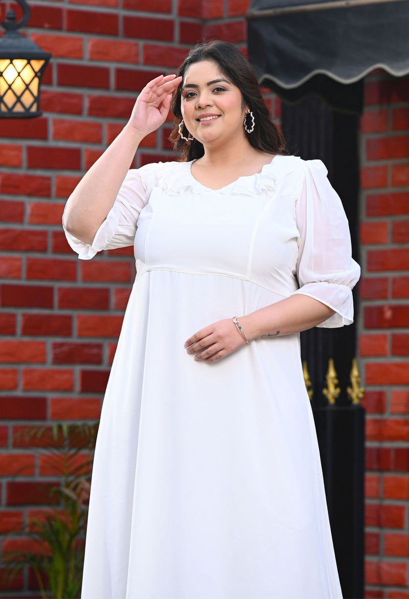 Plus Size White Frill Georgette Maxi Dress DESINOOR.COM Plus Size White Frill Georgette Maxi Dress DESINOOR.COM