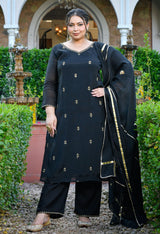 Zariya Black Mul Chanderi Embroidered 3-Piece Kurta Set with Dupatta