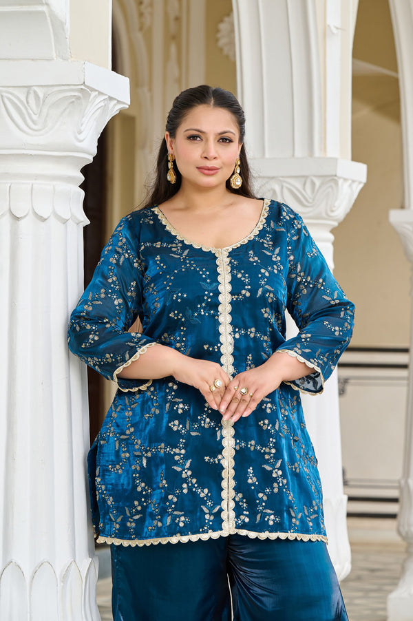 Exclusive Festive Teal Embroidered Jimmy Choo Co-ord Set