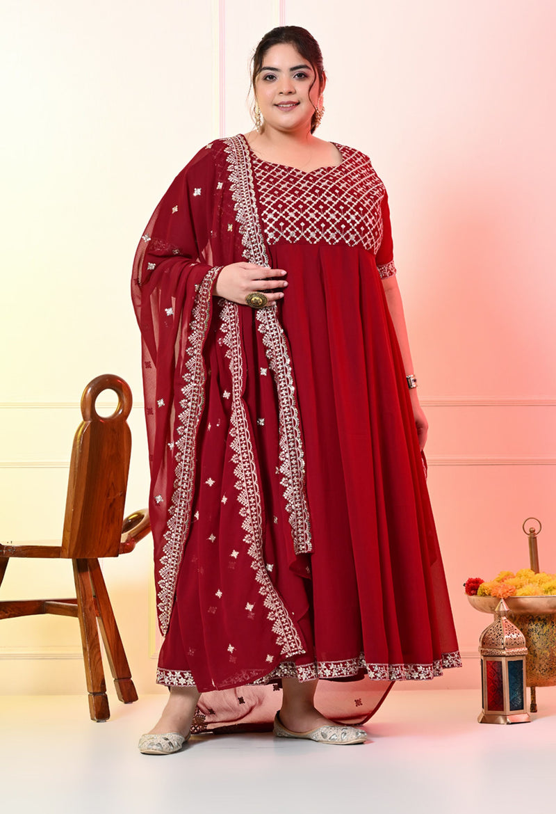 Plus Size Maroon Cold Shoulder Georgette Anarkali with Dupatta