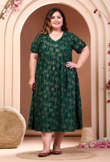 Plus Size Gold Printed Bottle Green Rayon Midi Dress