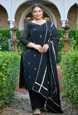 Zariya Black Mul Chanderi Embroidered 3-Piece Kurta Set with Dupatta