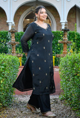 Zariya Black Mul Chanderi Embroidered 3-Piece Kurta Set with Dupatta