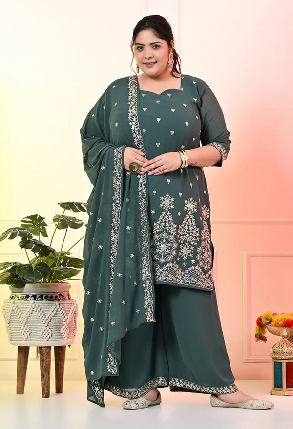 Plus Size Sea Green Embroidered Kurta Set with Dupatta