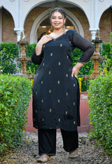 Zariya Black Mul Chanderi Embroidered 3-Piece Kurta Set with Dupatta