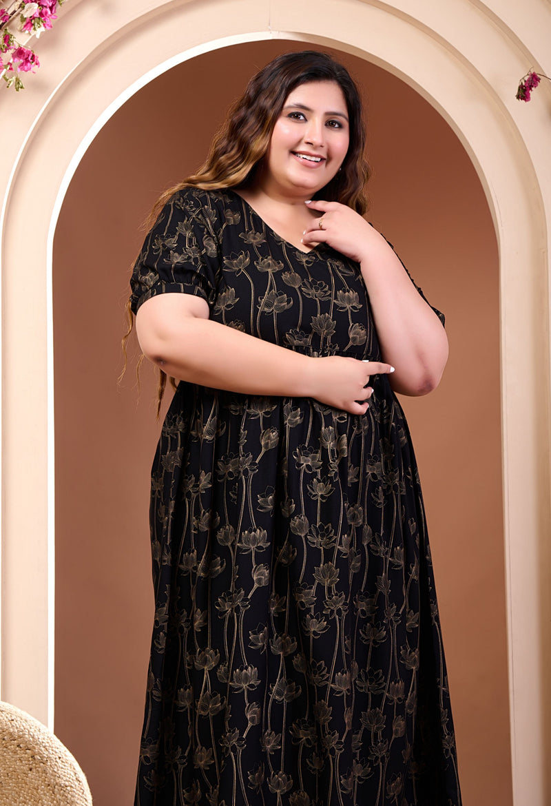 Plus Size Gold Printed Black Rayon Midi Dress