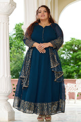 Plus Size Elegant Teal Blue Anarkali Ensemble with Gold Foil Accents