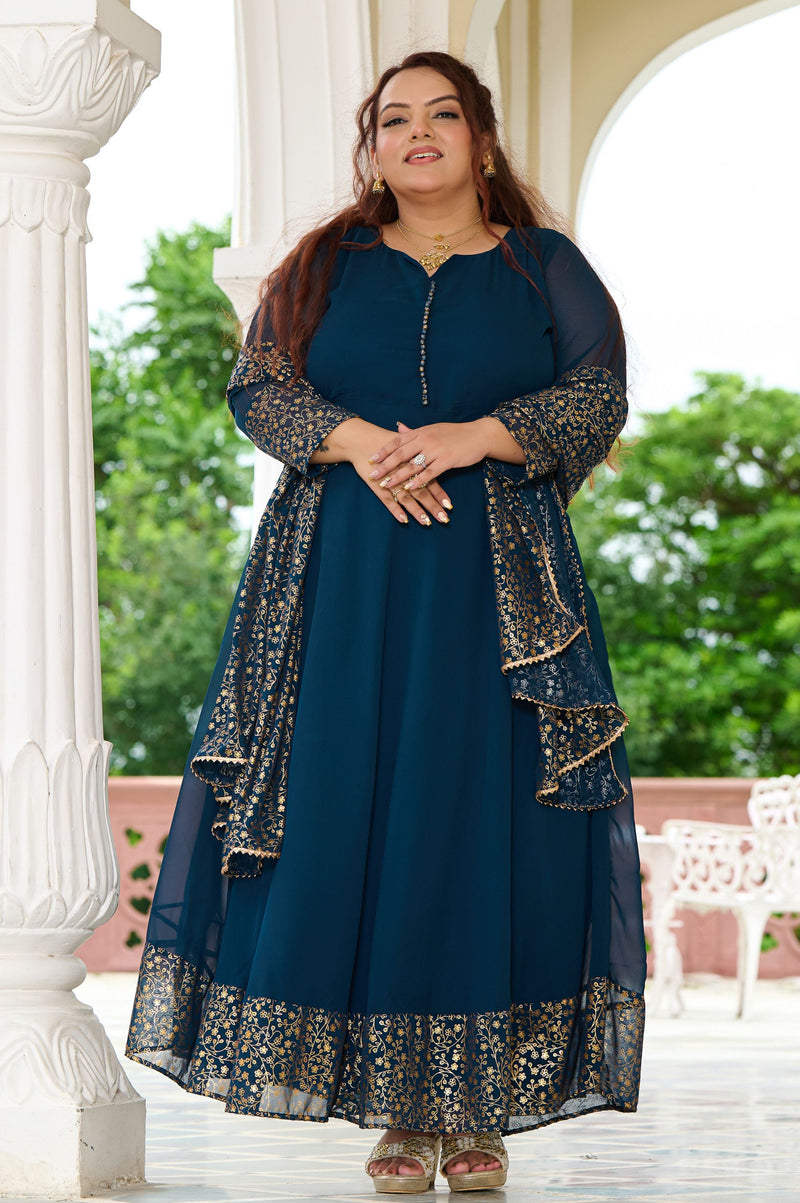 Plus Size Elegant Teal Blue Anarkali Ensemble with Gold Foil Accents