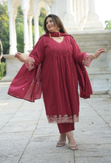 Ruhani Maroon Cotton 3-Piece Kurta Set with Dupatta