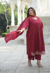 Ruhani Maroon Cotton 3-Piece Kurta Set with Dupatta