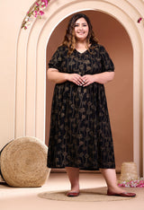 Plus Size Gold Printed Black Rayon Midi Dress