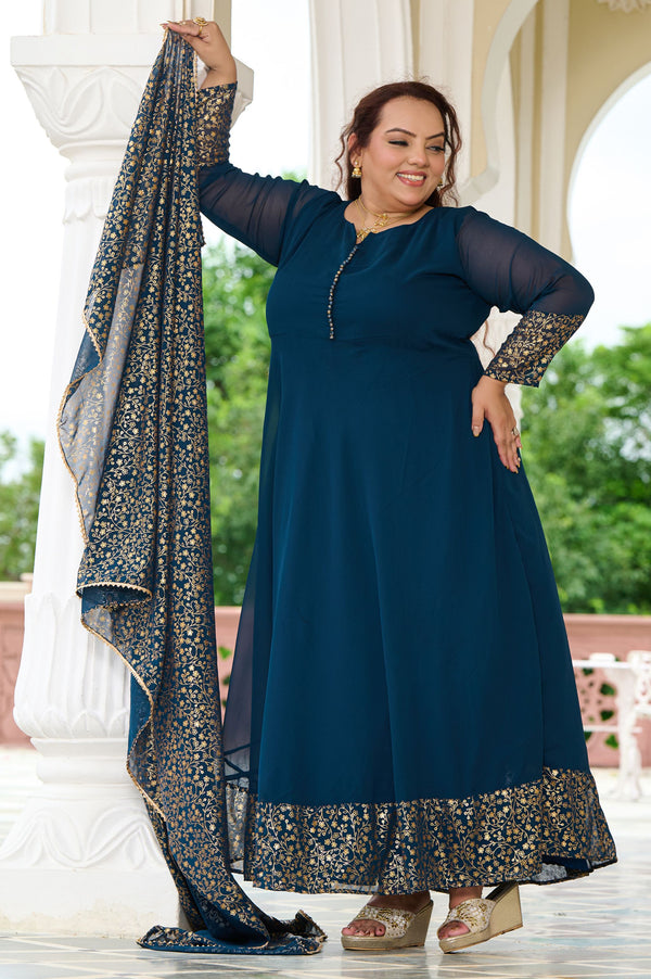 Plus Size Elegant Teal Blue Anarkali Ensemble with Gold Foil Accents
