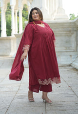 Ruhani Maroon Cotton 3-Piece Kurta Set with Dupatta