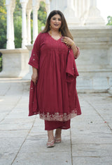 Ruhani Maroon Cotton 3-Piece Kurta Set with Dupatta