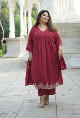 Ruhani Maroon Cotton 3-Piece Kurta Set with Dupatta