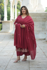 Ruhani Maroon Cotton 3-Piece Kurta Set with Dupatta