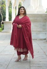 Ruhani Maroon Cotton 3-Piece Kurta Set with Dupatta