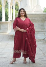 Ruhani Maroon Cotton 3-Piece Kurta Set with Dupatta