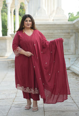 Ruhani Maroon Cotton 3-Piece Kurta Set with Dupatta