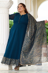 Plus Size Elegant Teal Blue Anarkali Ensemble with Gold Foil Accents
